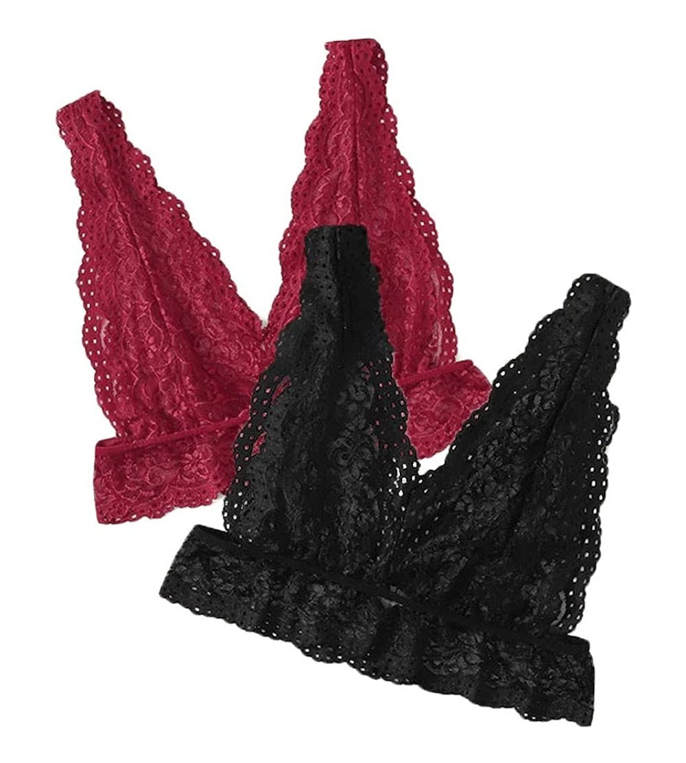 Slips 2PC Women Plus Size Vest Crop Wireless Bra Lingerie Sexy V-Neck Underwear - Black-wine Red - CY18ZW59ID0 $9.75