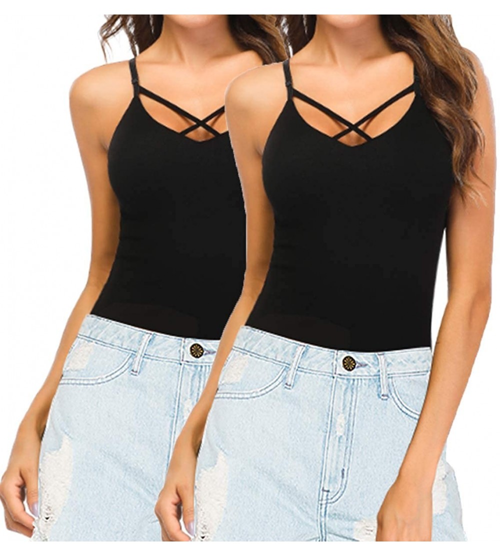 Camisoles & Tanks Womens Tank Tops Built in Bra Casual Wide Strap Sleeveless Basic Camisole Top - 2pcs Black - C318WIOR4WA $3...