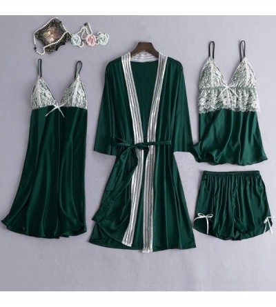 Shapewear 4Pcs Women's Silk Satin Bathrobe Pajamas Nightgown Kimono Lace Sleepwear Babydoll Nightdress with Shorts Sets - Gre...