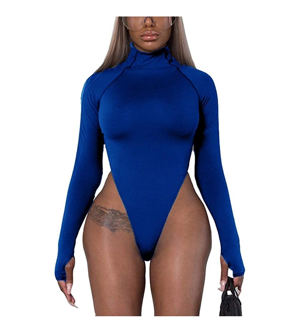 Shapewear Women Turtleneck Sexy Long Sleeve with Thumb Holes High Cut Bodysuit Candy Color Bodycon Jumpsuit Leotard Top - Blu...