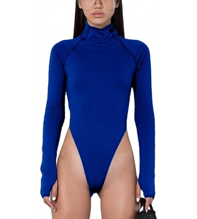Shapewear Women Turtleneck Sexy Long Sleeve with Thumb Holes High Cut Bodysuit Candy Color Bodycon Jumpsuit Leotard Top - Blu...