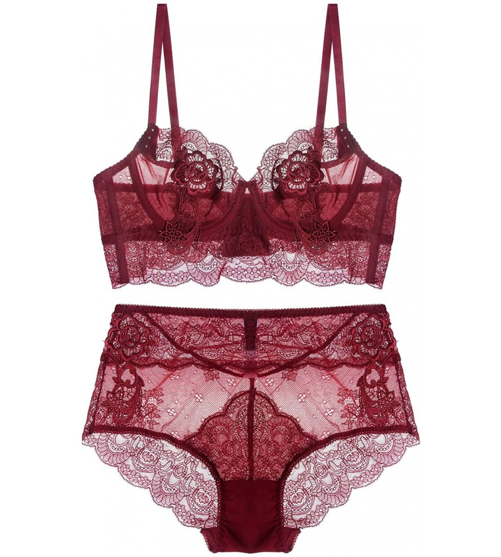 Bras Womens Lingerie Matching Unlined Lace Bra and Panty Set High Waist - Burgundy - CZ1885L3WN6 $19.32