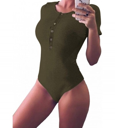 Shapewear Womens Sexy Low V Neck Button Up Short Sleeve Bodycon Bodysuit Ribbed Leotard - Army Green - CD18QXHYSNI $30.81