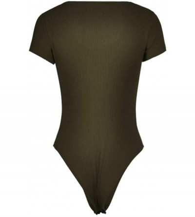 Shapewear Womens Sexy Low V Neck Button Up Short Sleeve Bodycon Bodysuit Ribbed Leotard - Army Green - CD18QXHYSNI $12.09