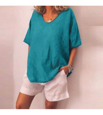 Shapewear Women Casual V Neck Solid Blouse Top Loose Cotton Linen Long Sleeve T-Shirts Plus Size Tunic Tops - Blue - C2199I4U...