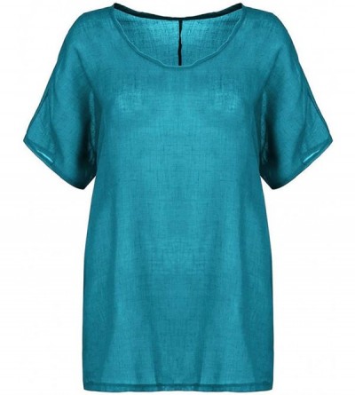 Shapewear Women Casual V Neck Solid Blouse Top Loose Cotton Linen Long Sleeve T-Shirts Plus Size Tunic Tops - Blue - C2199I4U...