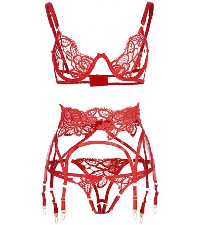 Baby Dolls & Chemises Sexy Exquisite Lace Lingerie Bra+Garter+Briefs Set Babydoll Cut-Out Sleepwear - Red - CI198RKCE0G $35.98