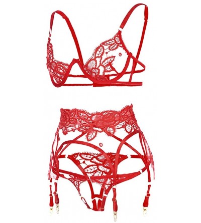 Baby Dolls & Chemises Sexy Exquisite Lace Lingerie Bra+Garter+Briefs Set Babydoll Cut-Out Sleepwear - Red - CI198RKCE0G $37.42