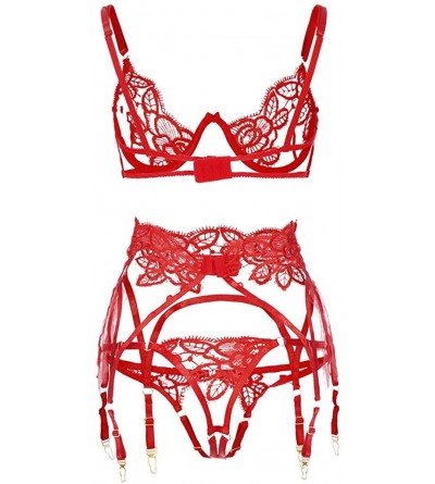 Baby Dolls & Chemises Sexy Exquisite Lace Lingerie Bra+Garter+Briefs Set Babydoll Cut-Out Sleepwear - Red - CI198RKCE0G $20.15