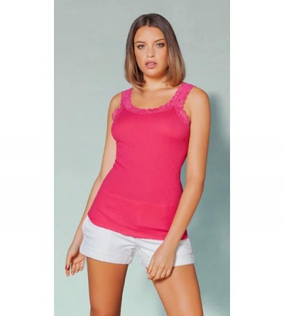 Camisoles & Tanks Premium Quality 100% Cotton Women's Lace Trim Tank Top. Proudly Made in Italy. - Pesca - CN18RGCIADK $18.49