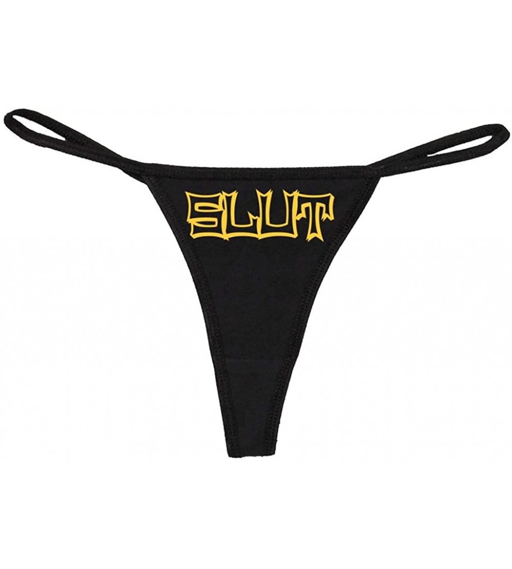 Panties Women's Slut Rude Sexy Hot Bedroom Fun Thong - Black/Yellow - C311UPMMRPB $14.26