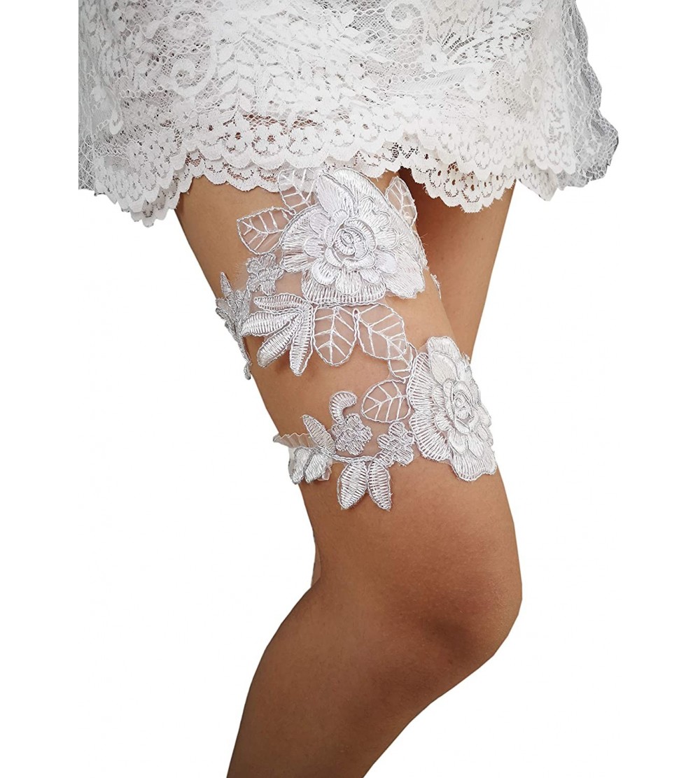 Garters & Garter Belts Wedding Rose Stretch Garters Set For Bride Bridal Lace Garter G44 - Silver - C918I0USCL6 $11.56