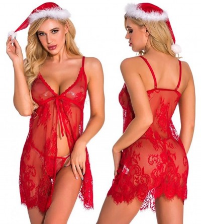 Garters & Garter Belts Christmas Lingerie for Women Sexy Lace Nightdress Sleepwear Thong with hat Set - Red - CW18ZQSUYS5 $31.79