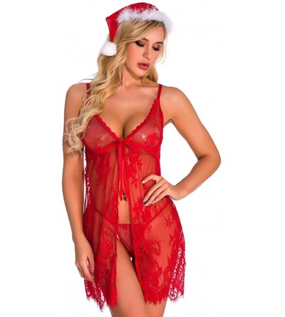 Garters & Garter Belts Christmas Lingerie for Women Sexy Lace Nightdress Sleepwear Thong with hat Set - Red - CW18ZQSUYS5 $31.79