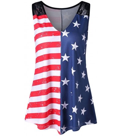 Shapewear V-Neck lace Vest- Fashion Women's American Flag Print Stitching Shirt top - Multicolor - CV1943TOZET $22.63