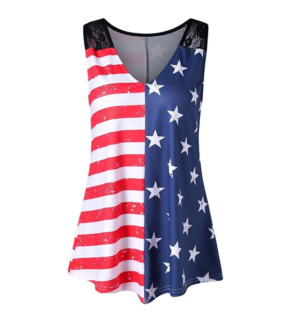 Shapewear V-Neck lace Vest- Fashion Women's American Flag Print Stitching Shirt top - Multicolor - CV1943TOZET $13.58