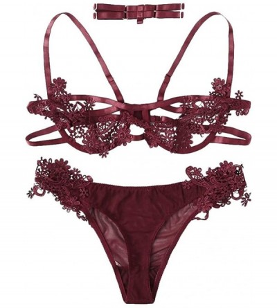 Garters & Garter Belts New Women Wireless Embroidered Applique Bra and Briefs Underwear Lingerie Sets - Wine - CF18X4MQN7Z $3...