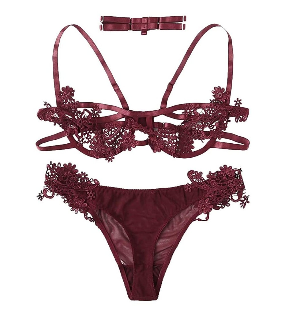 Garters & Garter Belts New Women Wireless Embroidered Applique Bra and Briefs Underwear Lingerie Sets - Wine - CF18X4MQN7Z $1...