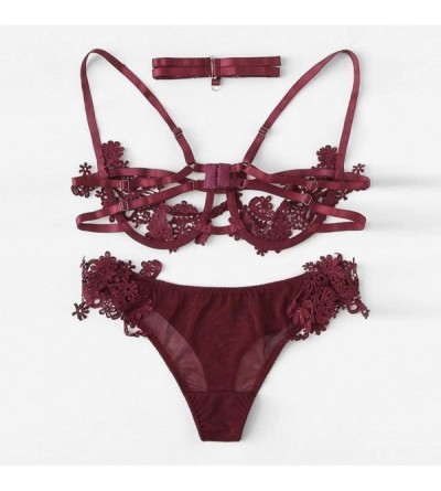 Garters & Garter Belts New Women Wireless Embroidered Applique Bra and Briefs Underwear Lingerie Sets - Wine - CF18X4MQN7Z $1...
