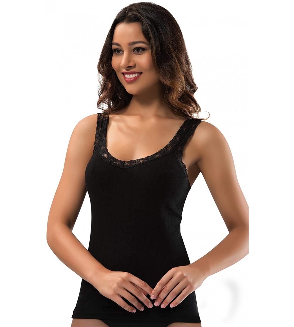 Camisoles & Tanks Camisole for Women- 100% Cotton- Airy Soft Comfy Cami Tank Tops Lace Undershirt - Black/Lace Strap - CA19D3...