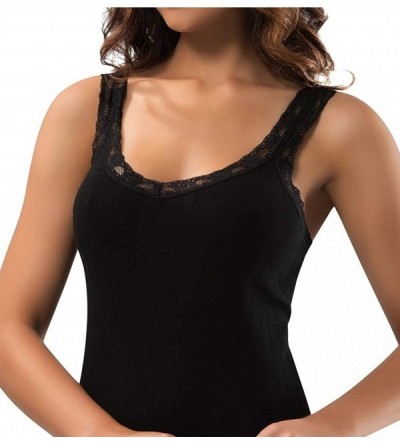 Camisoles & Tanks Camisole for Women- 100% Cotton- Airy Soft Comfy Cami Tank Tops Lace Undershirt - Black/Lace Strap - CA19D3...