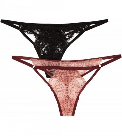 Panties Women's Lace Thong Panty- 2-Pack - Multicolour (Black/Ash Rose) - CD18TCLKS59 $9.78