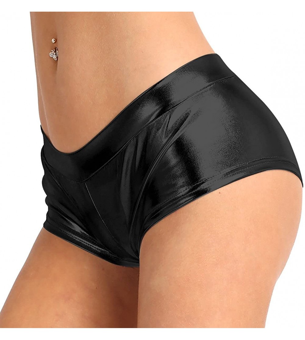 Panties Women's Shiny Metallic Faux Leather Booty Shorts Festivals Rave Jazz Dance Hot Pant Bottoms - Black - CW18RCA7D3I $16.34