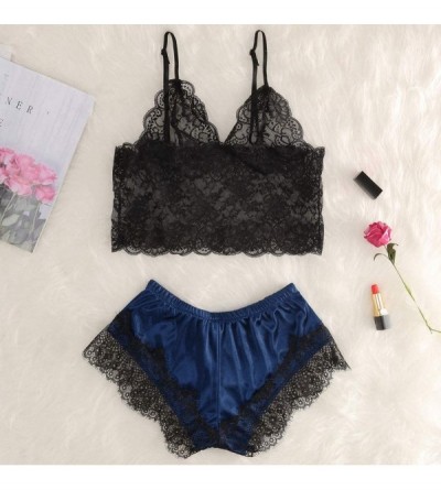 Bras New Women's Lace Hollow Openwork Sexy Perspective Two-Piece Set - Navy - C018ZW4TW0O $10.97