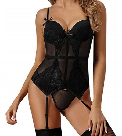 Shapewear Women's Sexy Lingerie with Garter Bustier Corset Full Support Embroidered Lace Bodysuit Two Pieces - A-black - CE18...