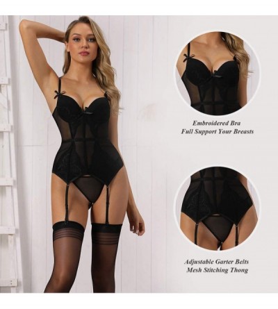 Shapewear Women's Sexy Lingerie with Garter Bustier Corset Full Support Embroidered Lace Bodysuit Two Pieces - A-black - CE18...