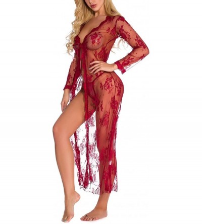 Baby Dolls & Chemises Womens Lingerie Lace Long Robe 3/4 Sleeve Sexy Sheer Kimono Mesh Chemise Nightgown - Wine - CK18ZX0KEO2...