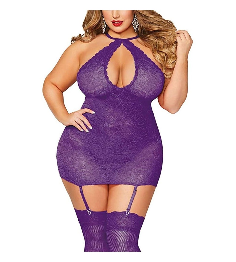 Baby Dolls & Chemises Plus Size Lingerie Women Sexy Twisted Keyhole Opening High Criss-Cross Plunging Lace Trim Teddy with Ga...