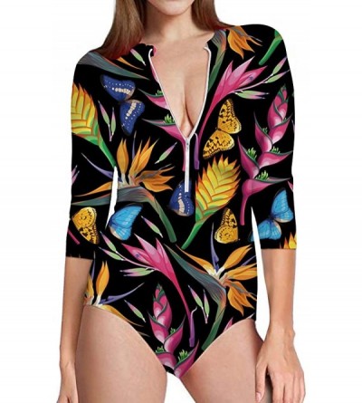 Shapewear Summer One Piece Swimsuit 3/4 Sleeve Sun Protection Rash Guard for Women - Tropical Floral-6 - CQ18R8A7K75 $59.25