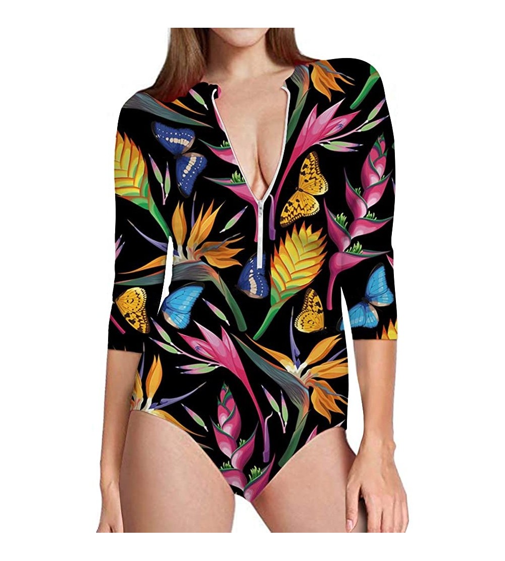 Shapewear Summer One Piece Swimsuit 3/4 Sleeve Sun Protection Rash Guard for Women - Tropical Floral-6 - CQ18R8A7K75 $34.30