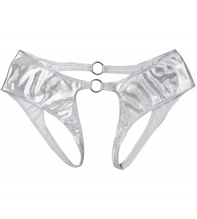 Panties Womens Soft Shiny Faux Leather Hollow Out Briefs Hipster Panties Sexy Lingerie Underwear - Silver - CD18OMW57KS $13.72