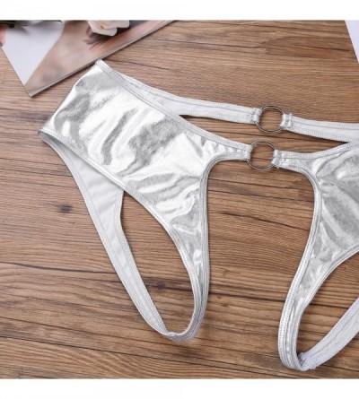 Panties Womens Soft Shiny Faux Leather Hollow Out Briefs Hipster Panties Sexy Lingerie Underwear - Silver - CD18OMW57KS $13.72