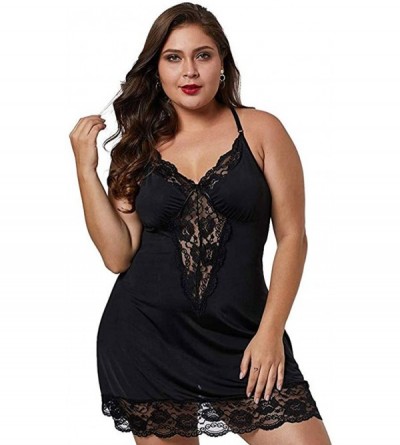 Slips Pajamas Set- Women Lace Lingerie Deep V-Neck Sleepwear Underwear Dress G-String Nightdress - Black - CW18XQDMKD0 $9.79