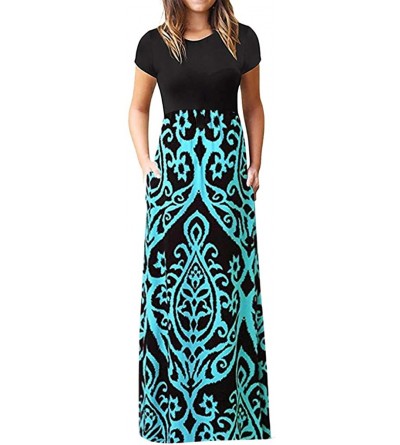 Slips Women's Casual Short Sleeve Bohimian Vintage Dress Fashion O-Neck Print Maxi Tank Long Dress Loose Plus Size Dress - Bl...