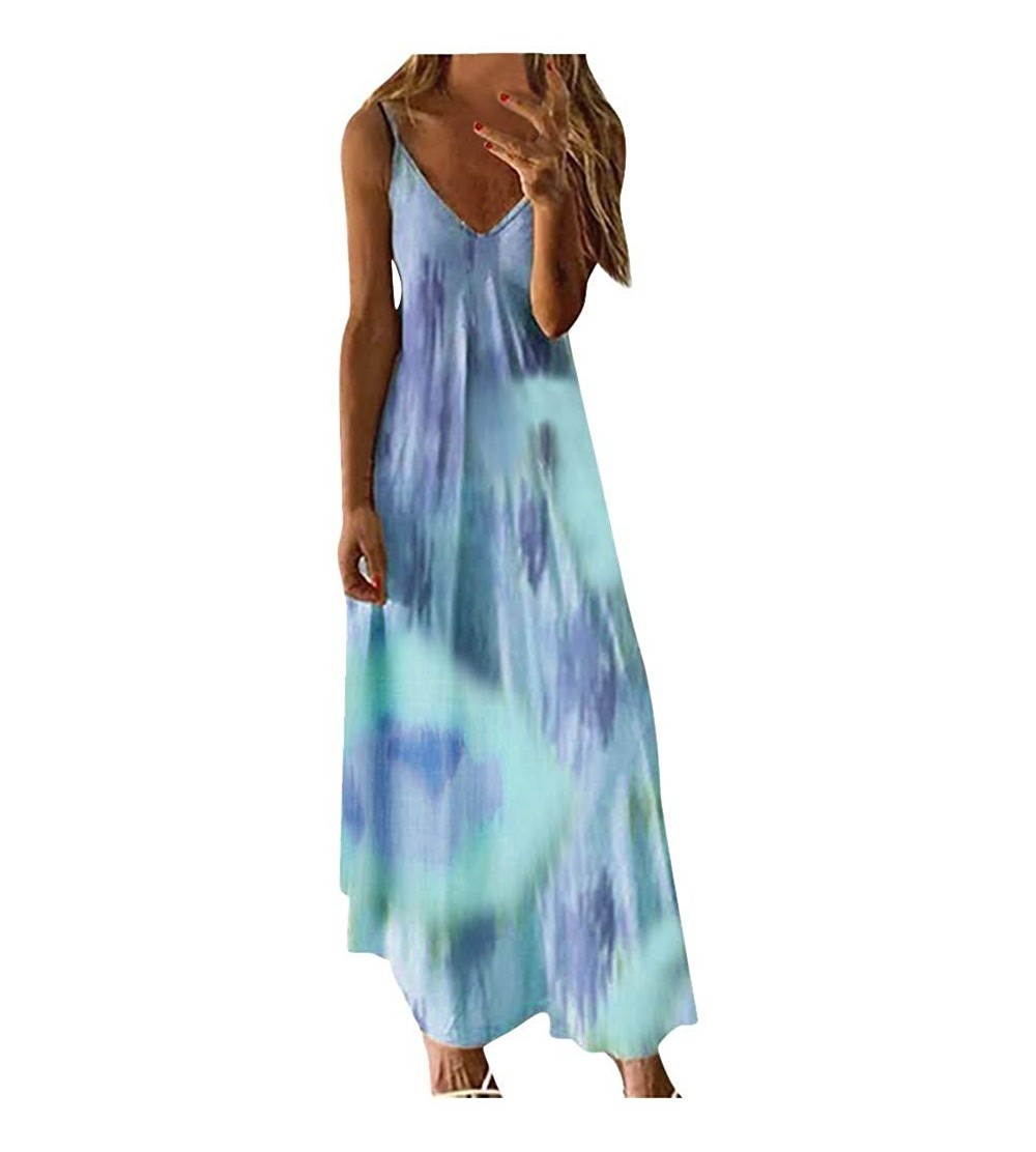 Slips Womens Boho Tie-Dye Dress Racerback Cocktail Party Tank Dress Beach Sundress - Blue-0829 - CF18XAZOSEY $15.56
