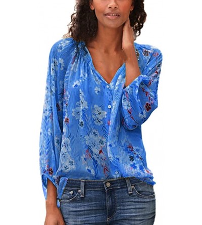 Shapewear Long Sleeve T Shirt Women- Ladies Loose Plus Size Print V-Neck Button Pullover Tops Shirt - Blue - C318W8CKUIC $12.13