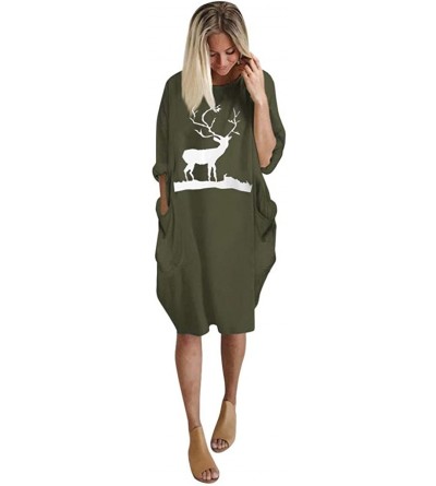 Slips Womens Fashion Dresses Loose Cute Elk Printed Midi Dress Round Neck Christmas Dress with Pocket - Green - C618ZTH3GOU $...