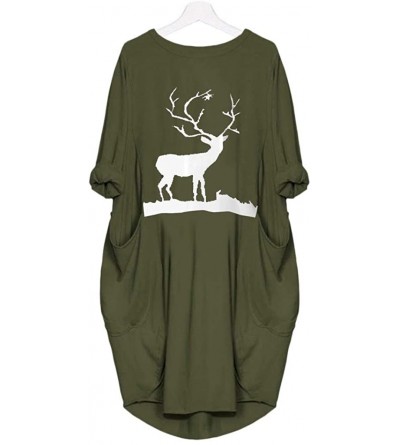 Slips Womens Fashion Dresses Loose Cute Elk Printed Midi Dress Round Neck Christmas Dress with Pocket - Green - C618ZTH3GOU $...