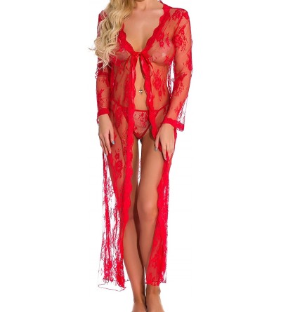 Baby Dolls & Chemises Women's Lace Embroidered Lingerie Long Baby Doll Pajamas Lingerie - Red - C8197Y8WW7H $15.34