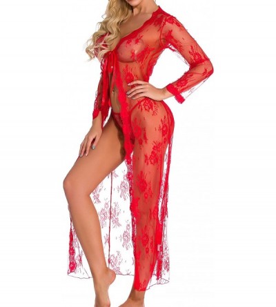 Baby Dolls & Chemises Women's Lace Embroidered Lingerie Long Baby Doll Pajamas Lingerie - Red - C8197Y8WW7H $15.34