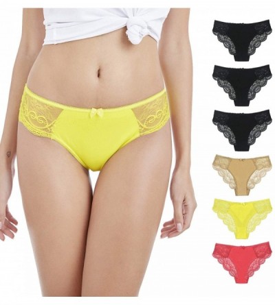 Panties Womens Cotton Underwear Sexy Lace Back Panties Hipster Bikinis 6 Pack - 3 Black / 1 Beige / 1 Yellow / 1coral - C818U...