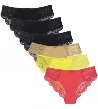 Panties Womens Cotton Underwear Sexy Lace Back Panties Hipster Bikinis 6 Pack - 3 Black / 1 Beige / 1 Yellow / 1coral - C818U...