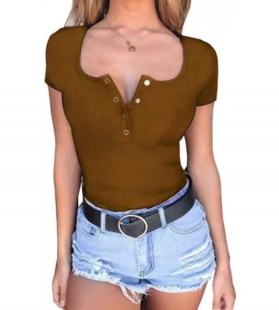 Shapewear Women's Short Sleeve Basic Button Down Knitted Ribbed Stretchy Bodysuits Leotard - Brown - C318Q8MX5O0 $15.93