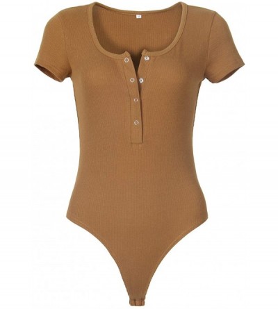 Shapewear Women's Short Sleeve Basic Button Down Knitted Ribbed Stretchy Bodysuits Leotard - Brown - C318Q8MX5O0 $15.93