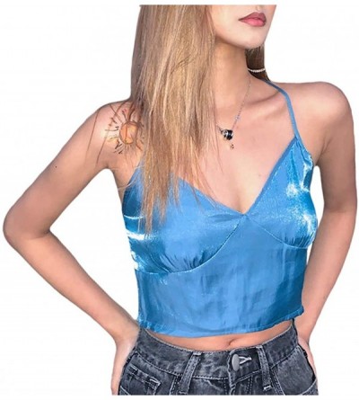 Camisoles & Tanks Holographic Metallic Crop Top Bustier Rave Club Tube Top Blouse for Women - Lake Blue Crop Top - CE19CK4LLT...