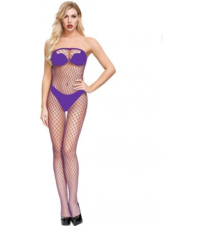 Baby Dolls & Chemises Sexy Lingerie for Women's Sexy Hollow Out Long Sleeve Transparent Mesh Bikini Underwear - Purple B - CV...